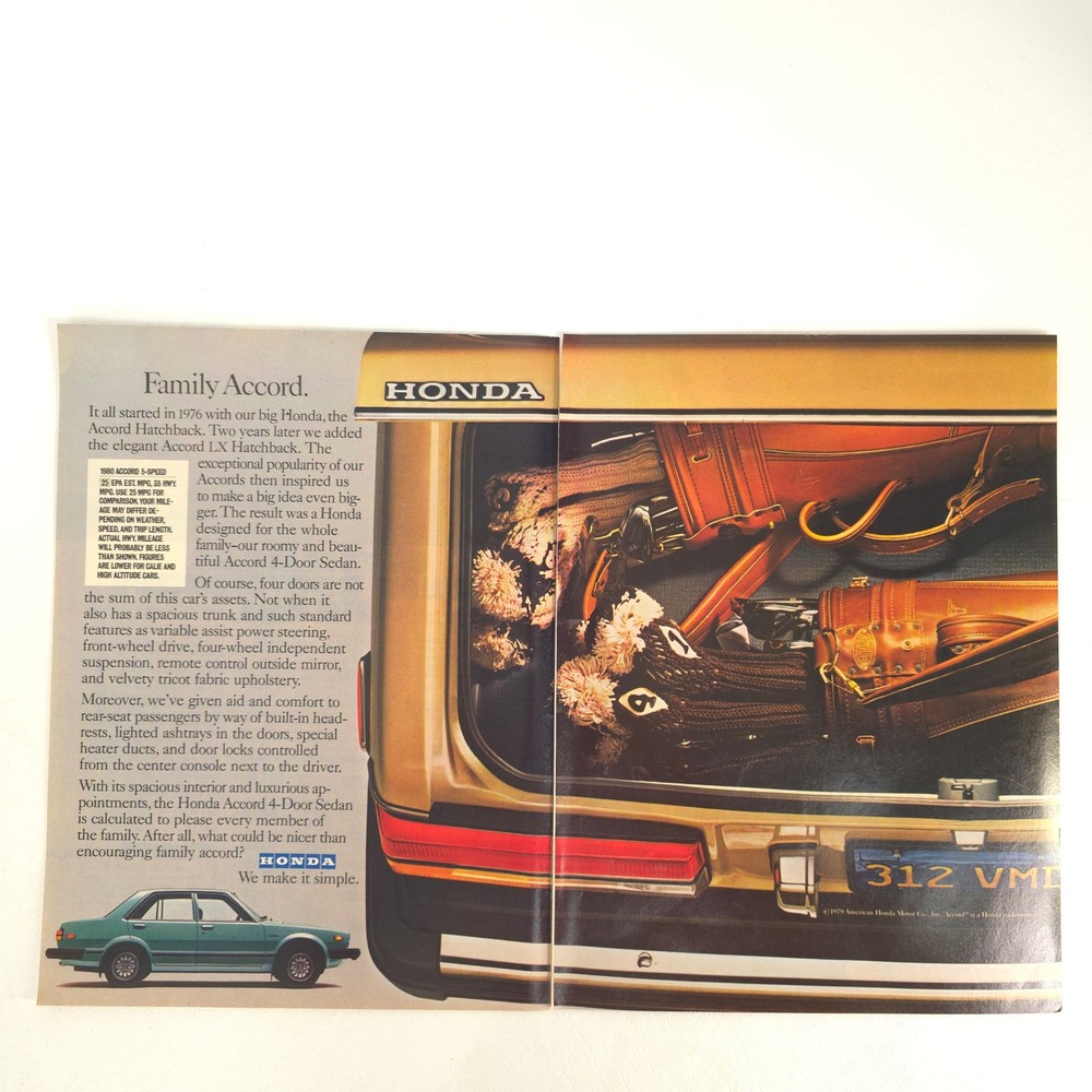 1980 Honda Accord 4-Door Sedan Print Ad Family Accord Vintage Garage Wall Decor